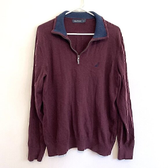 NAUTICA Mens Burgundy Maroon Collared 1/4 Zip Cotton Pullover Sweater Sweatshirt - Picture 2 of 10